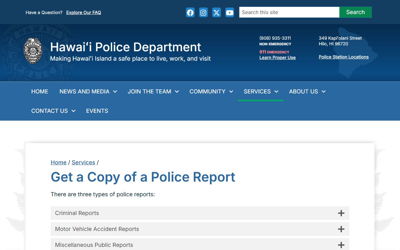 Hawaii County 72 Hour Booking police report request page