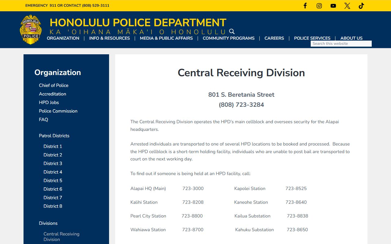 Honolulu County 72 Hour Booking Central Receiving Division cellblock page