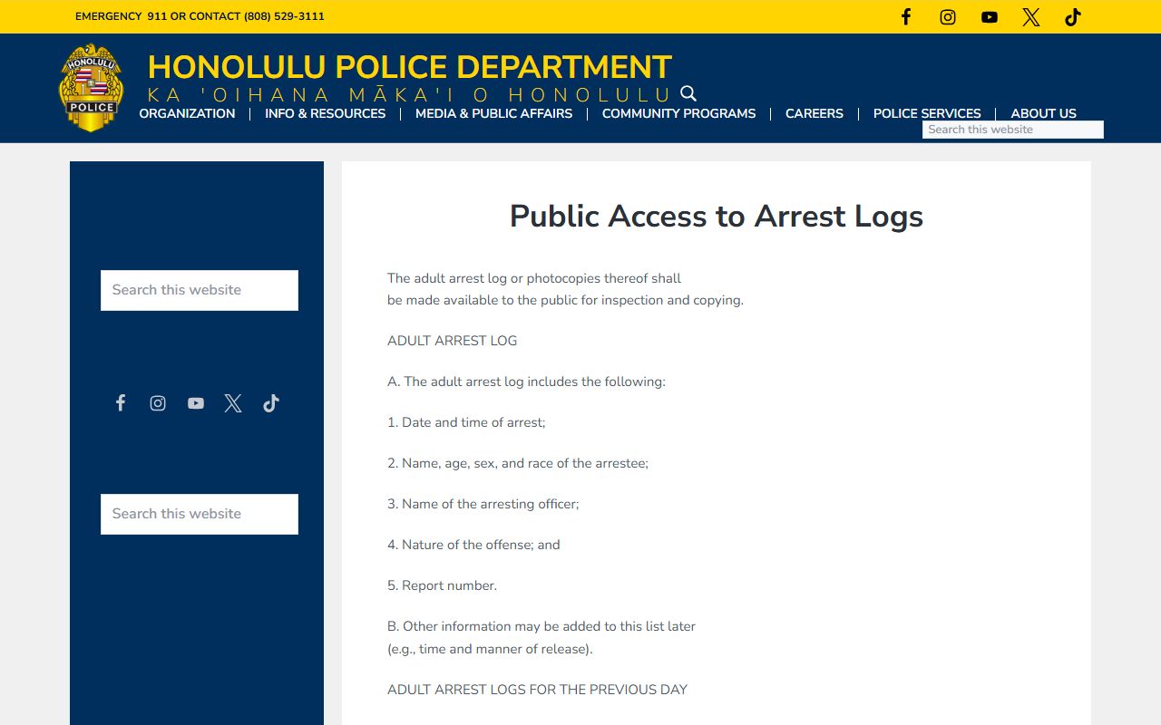 Honolulu County 72 Hour Booking HPD arrest log public access policy