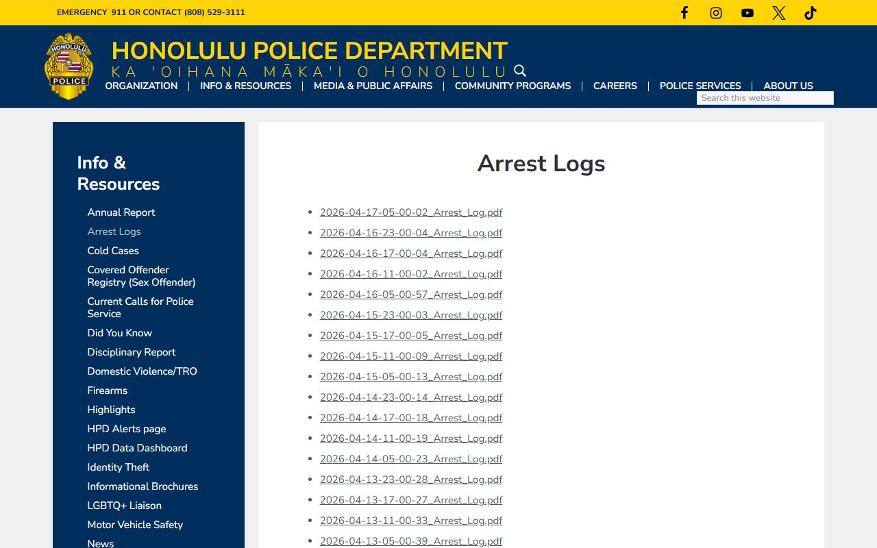 Honolulu County 72 Hour Booking HPD daily arrest logs page