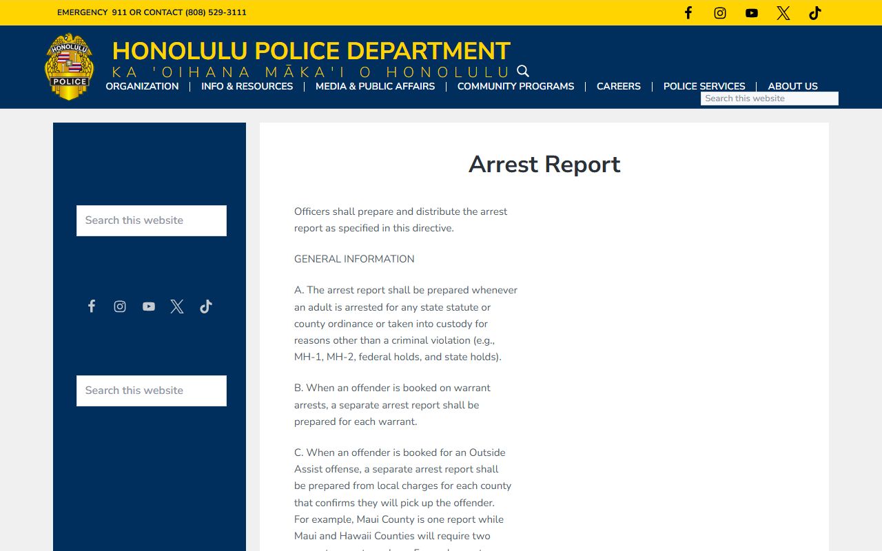 Honolulu County 72 Hour Booking HPD arrest report policy page