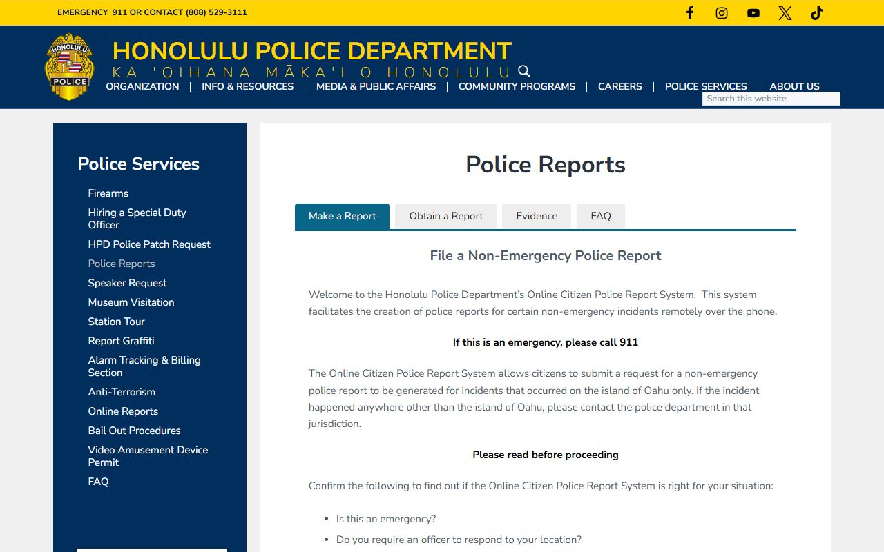 Honolulu County 72 Hour Booking HPD police report request page