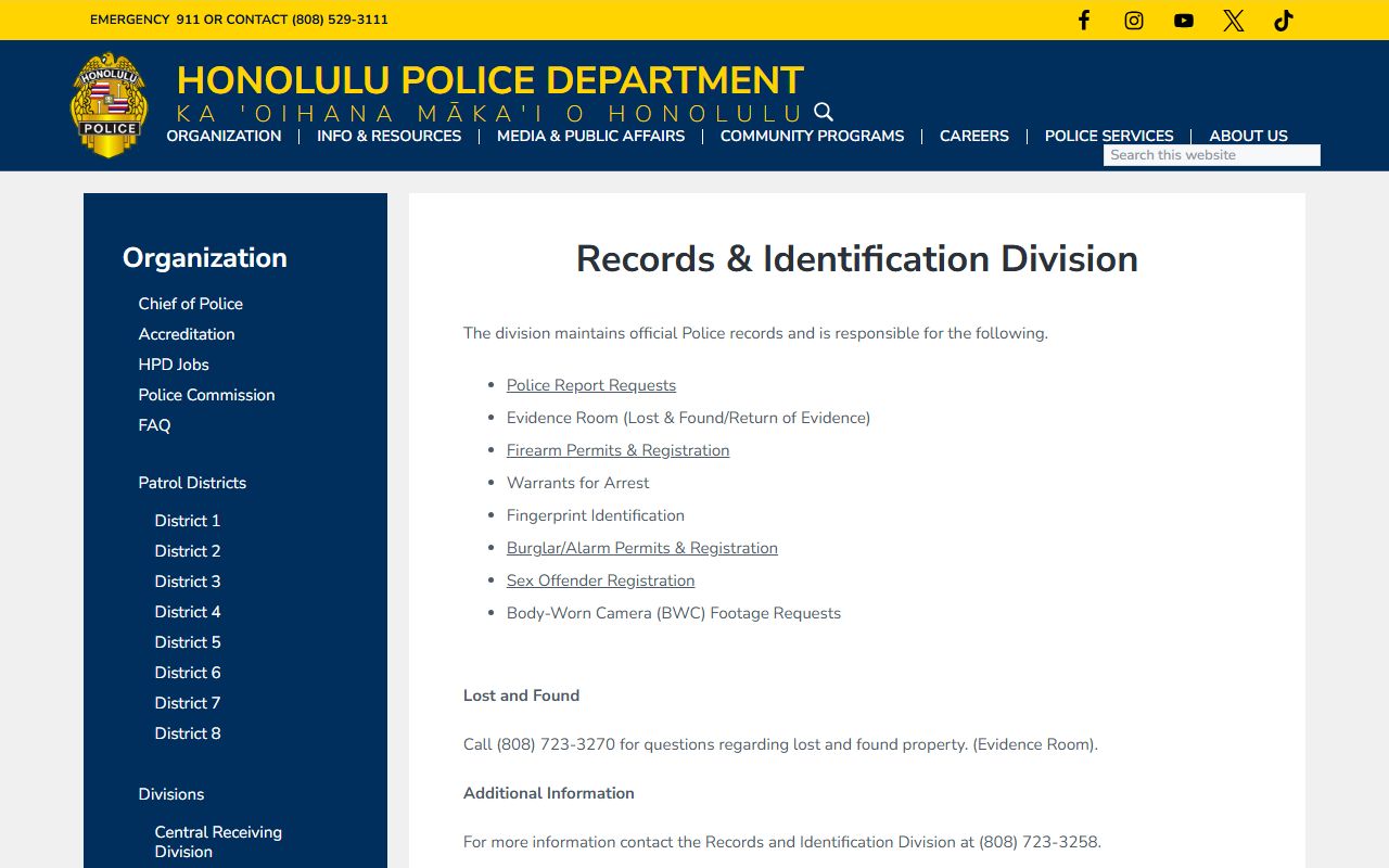 Honolulu County 72 Hour Booking HPD Records and Identification Division
