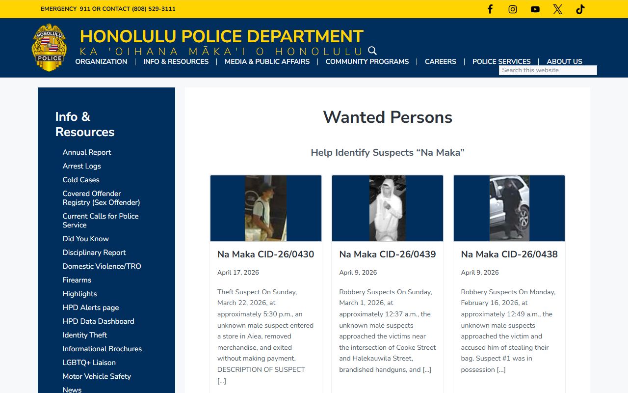 Honolulu County 72 Hour Booking HPD wanted persons list