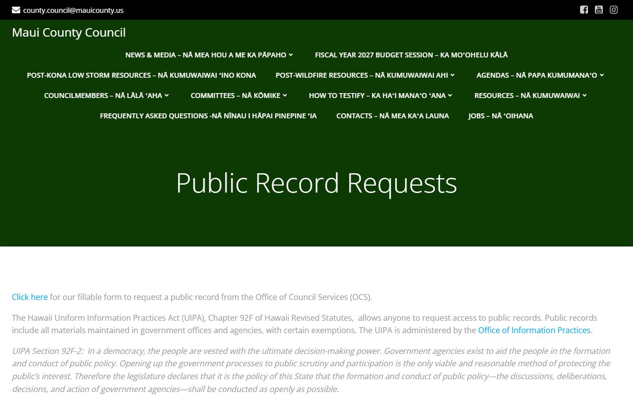 Maui County 72 Hour Booking public records request portal