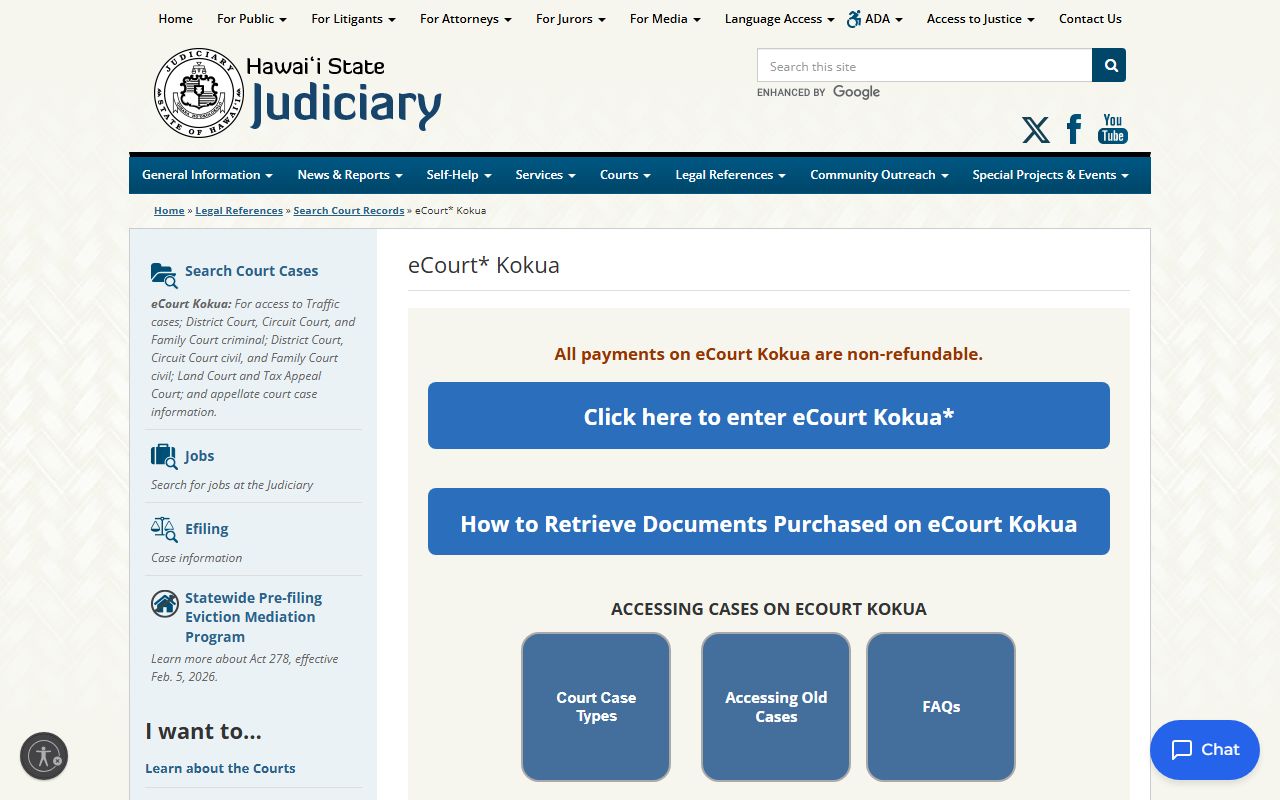 Hawaii eCourt Kokua case ID format for 72 Hour Booking searches