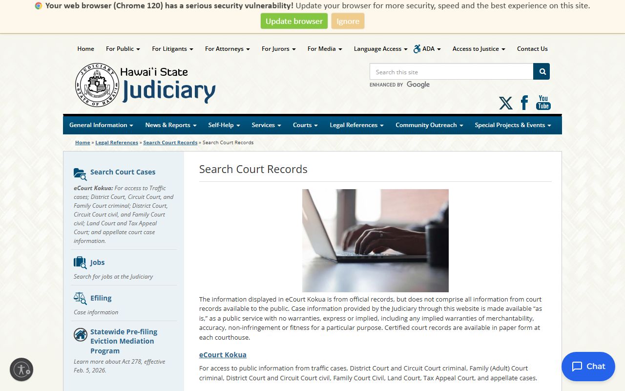 eCourt Kokua search portal for Hawaii 72 Hour Booking court records