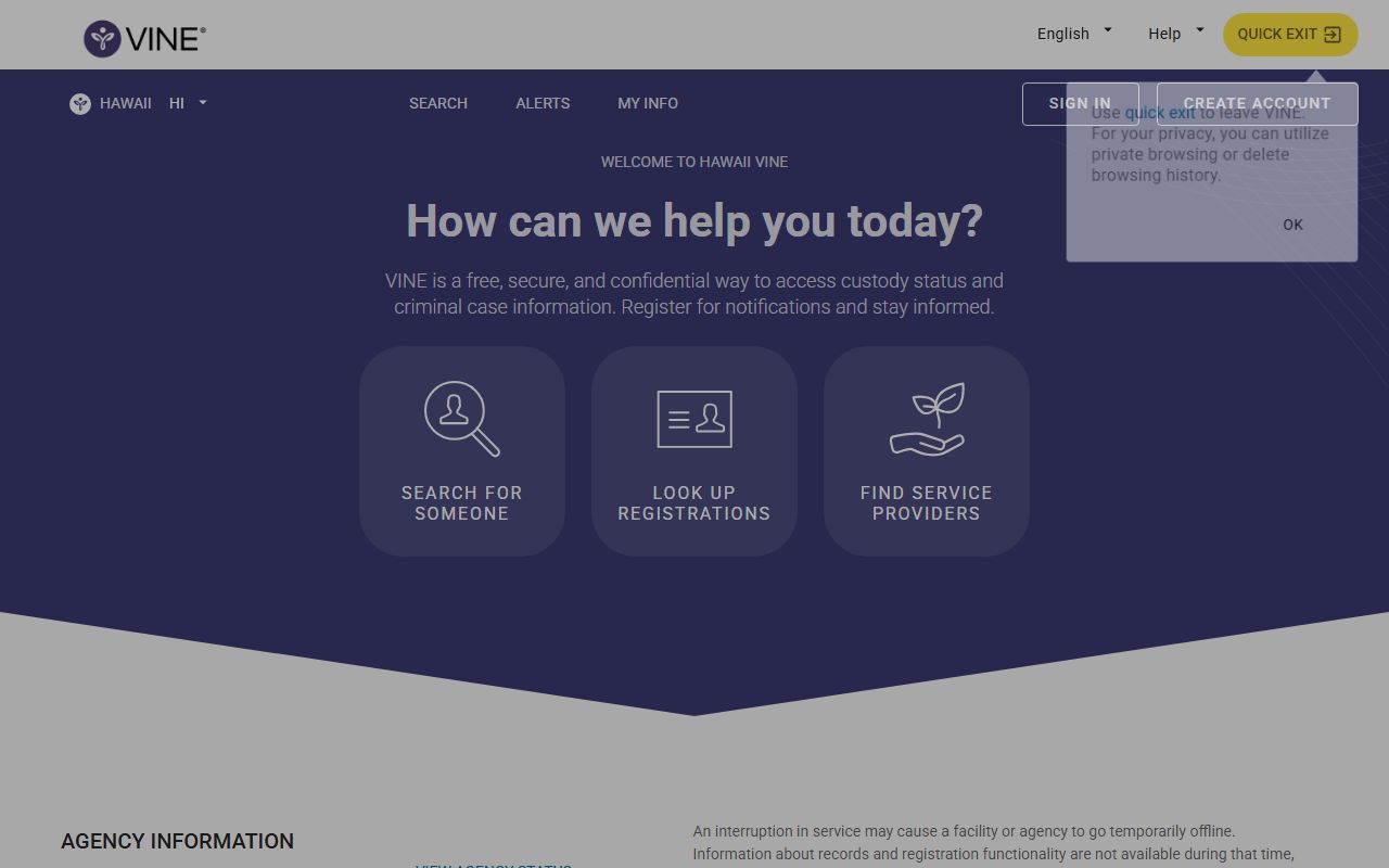 Hawaii SAVIN victim notification system for 72 Hour Booking custody updates