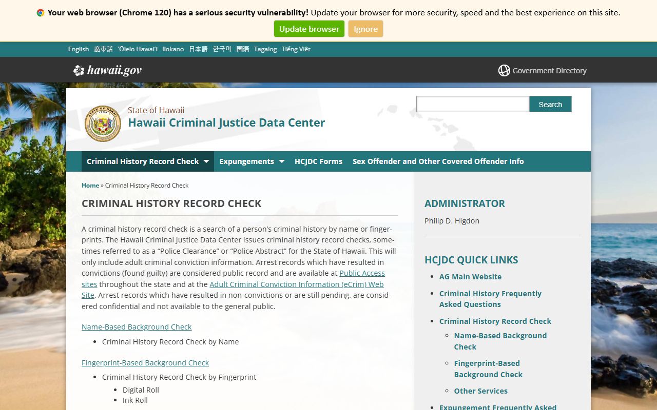 HCJDC criminal history records check for Hawaii 72 Hour Booking history