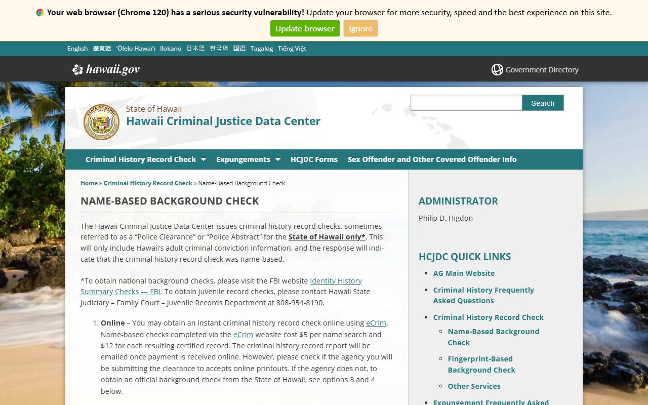 Name-based Hawaii criminal history check for past 72 Hour Booking records